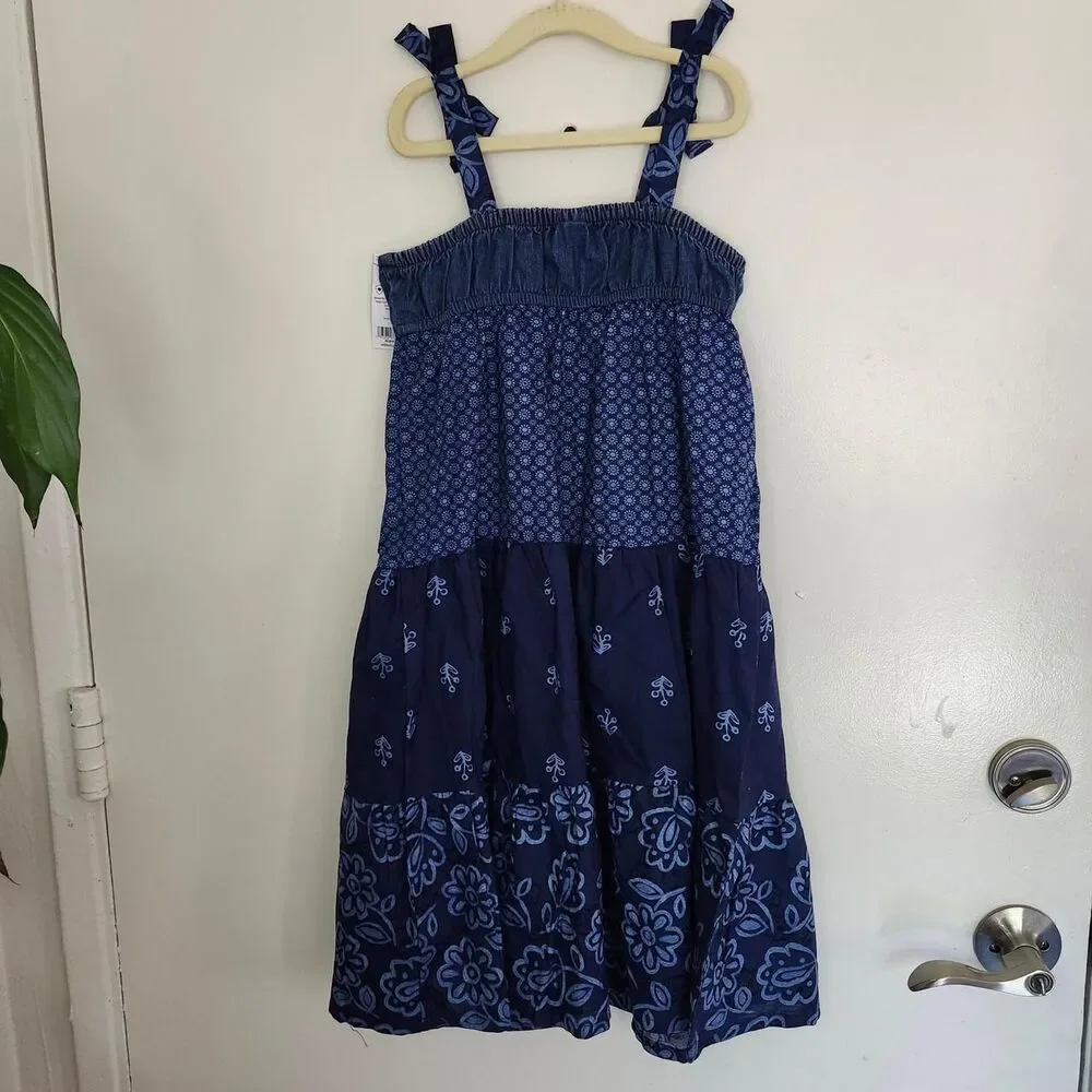 OshKosh Girls 6/6X Boho Denim Patchwork Tiered Maxi Dress NWT